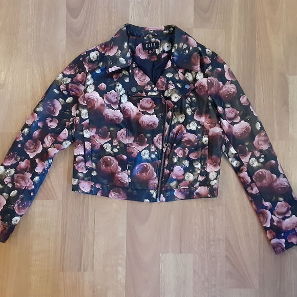 Elle Jackets & Blazers - ELLE Floral Crop Moto Faux Leather Jacket 14 L